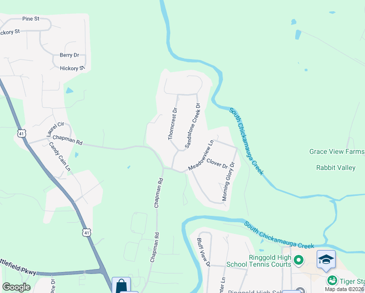 map of restaurants, bars, coffee shops, grocery stores, and more near 13 Sandstone Creek Drive in Ringgold