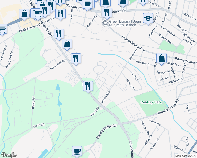 map of restaurants, bars, coffee shops, grocery stores, and more near 439 South Buncombe Road in Greer