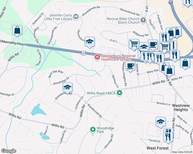 map of restaurants, bars, coffee shops, grocery stores, and more near 127 Woodridge Drive in Spartanburg