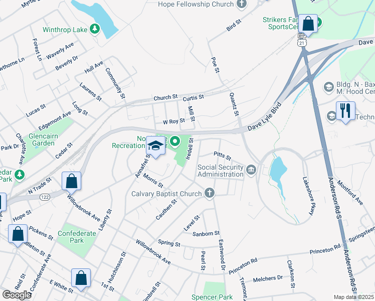 map of restaurants, bars, coffee shops, grocery stores, and more near 966 Iredell Street in Rock Hill