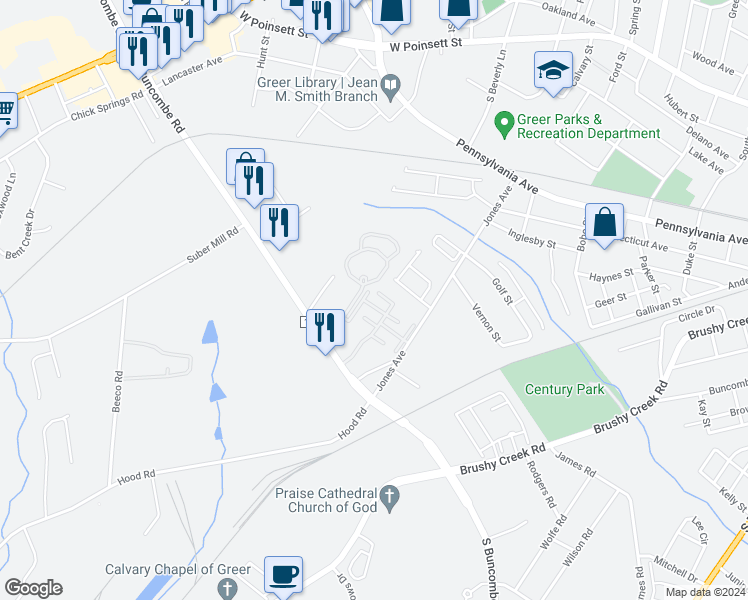 map of restaurants, bars, coffee shops, grocery stores, and more near 600 Davola Place in Greer