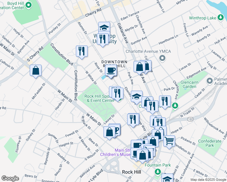map of restaurants, bars, coffee shops, grocery stores, and more near 354 Technology Center Way in Rock Hill
