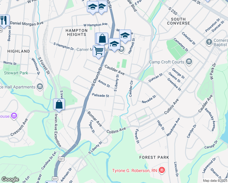 map of restaurants, bars, coffee shops, grocery stores, and more near 728 South Liberty Street in Spartanburg