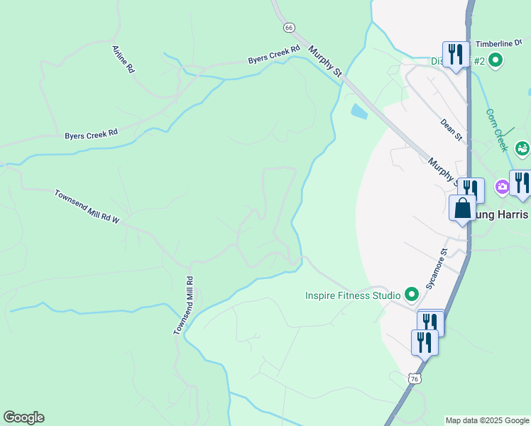 map of restaurants, bars, coffee shops, grocery stores, and more near Brasstown Creek Estates Road in Young Harris