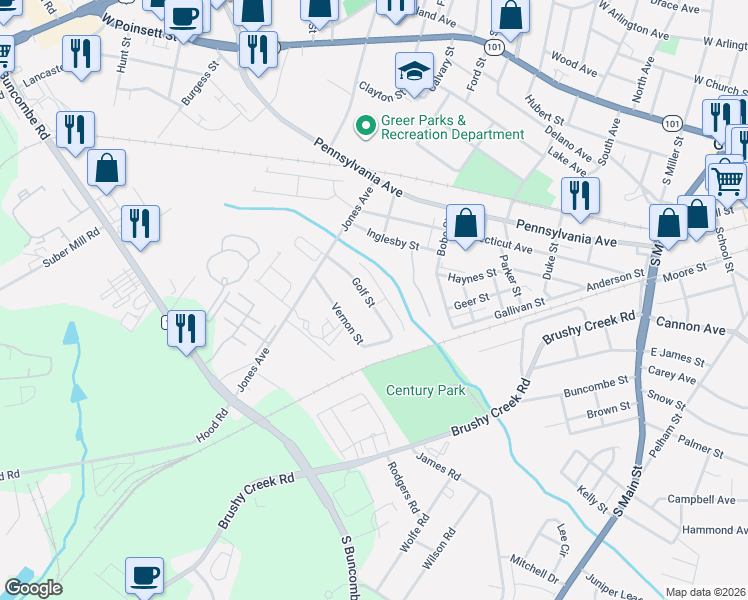 map of restaurants, bars, coffee shops, grocery stores, and more near 121 Golf Street in Greer