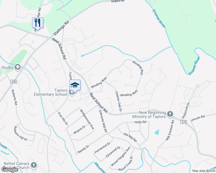 map of restaurants, bars, coffee shops, grocery stores, and more near 1213 Charter Oak Drive in Taylors