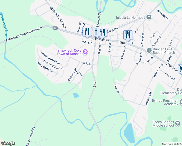 map of restaurants, bars, coffee shops, grocery stores, and more near 117 South Spencer Street in Duncan