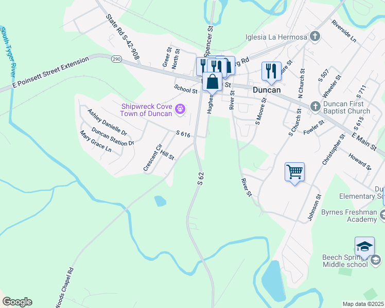 map of restaurants, bars, coffee shops, grocery stores, and more near 117 South Spencer Street in Duncan