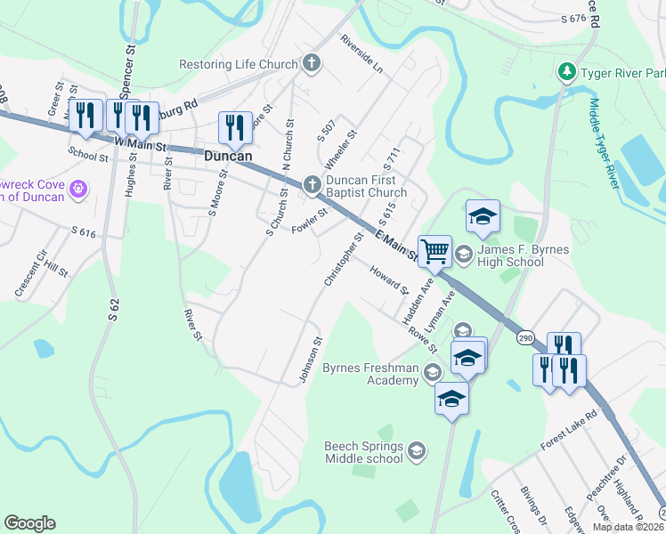 map of restaurants, bars, coffee shops, grocery stores, and more near 107 Christopher Street in Duncan