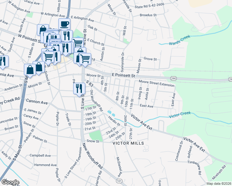 map of restaurants, bars, coffee shops, grocery stores, and more near 9 8th Street in Greer