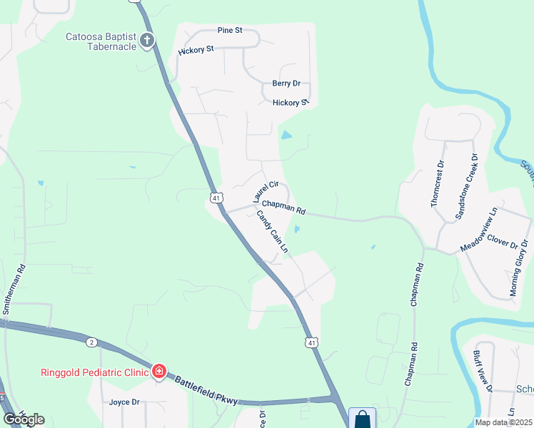 map of restaurants, bars, coffee shops, grocery stores, and more near 51 Candy Cain Lane in Ringgold