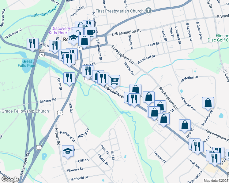 map of restaurants, bars, coffee shops, grocery stores, and more near 481 East Broad Avenue in Rockingham