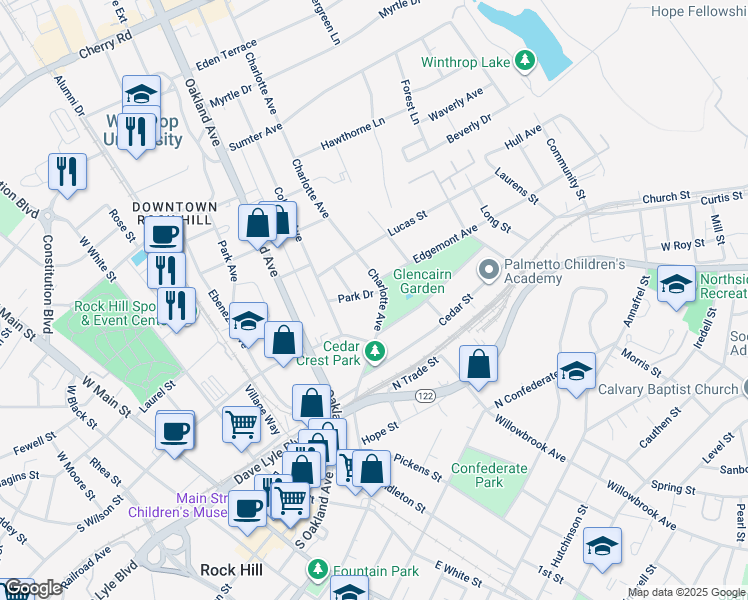 map of restaurants, bars, coffee shops, grocery stores, and more near 646 Park Drive in Rock Hill