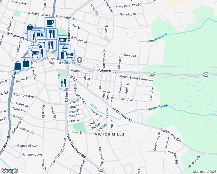 map of restaurants, bars, coffee shops, grocery stores, and more near 17 10th Street in Greer
