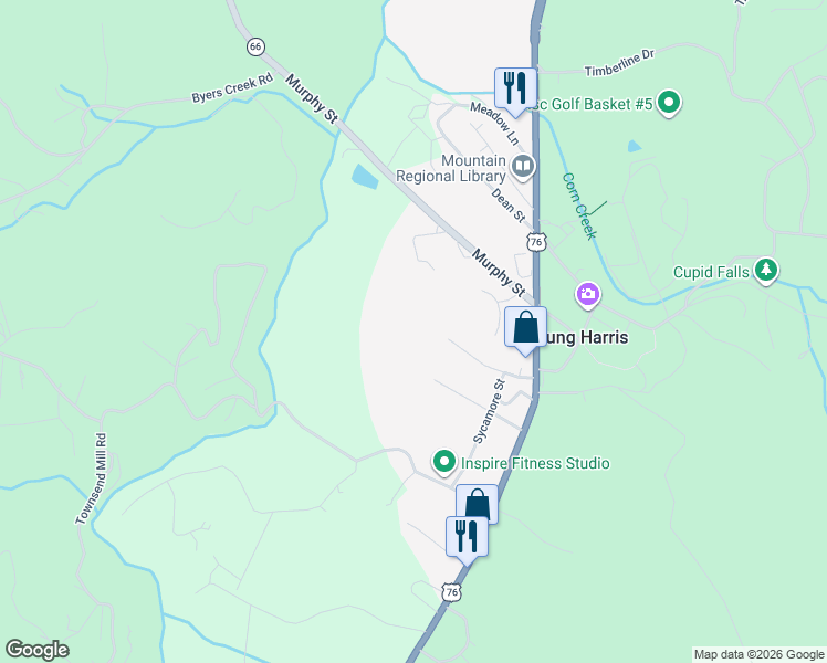 map of restaurants, bars, coffee shops, grocery stores, and more near 5599 School Street in Young Harris