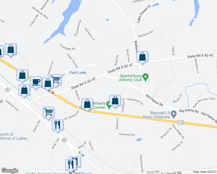 map of restaurants, bars, coffee shops, grocery stores, and more near 10 Hidden Springs Road in Spartanburg