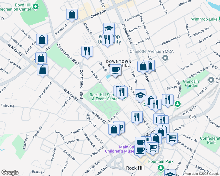 map of restaurants, bars, coffee shops, grocery stores, and more near 354 Technology Center Way in Rock Hill