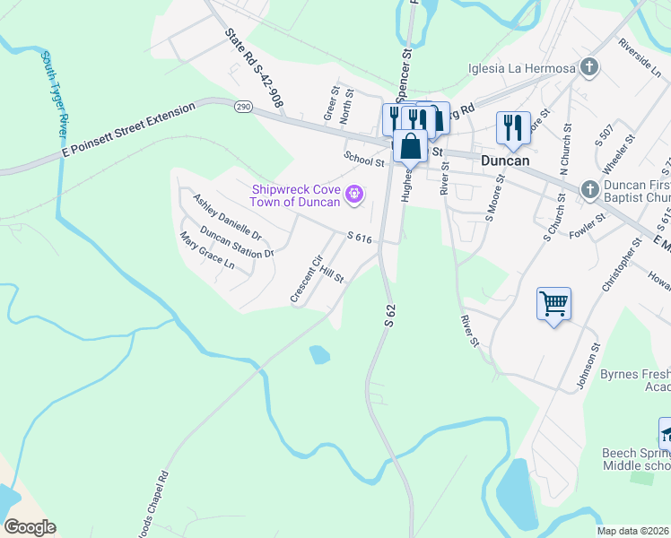 map of restaurants, bars, coffee shops, grocery stores, and more near 40 Hill Street in Duncan