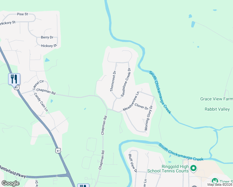 map of restaurants, bars, coffee shops, grocery stores, and more near 13 Sandstone Creek Drive in Ringgold