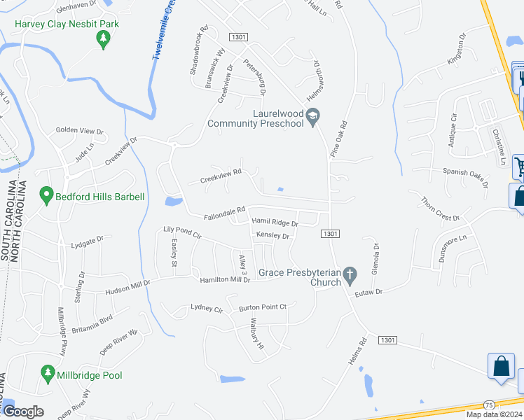 map of restaurants, bars, coffee shops, grocery stores, and more near 3021 Fallondale Road in Waxhaw