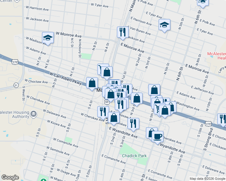 map of restaurants, bars, coffee shops, grocery stores, and more near 17 East Carl Albert Parkway in McAlester