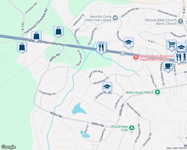 map of restaurants, bars, coffee shops, grocery stores, and more near 229 Bent Oak Way in Spartanburg