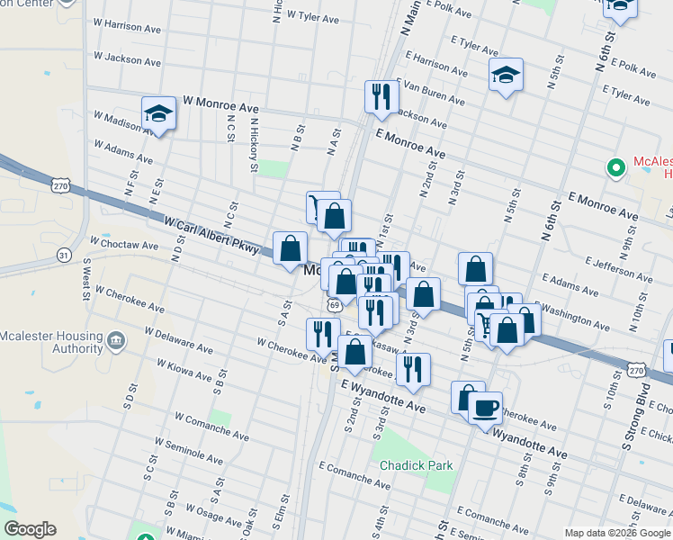 map of restaurants, bars, coffee shops, grocery stores, and more near in McAlester