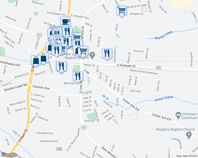 map of restaurants, bars, coffee shops, grocery stores, and more near 3 5th Street in Greer