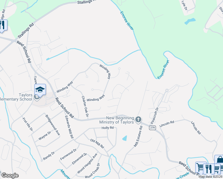 map of restaurants, bars, coffee shops, grocery stores, and more near 19 Echo Valley Drive in Taylors