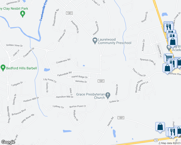 map of restaurants, bars, coffee shops, grocery stores, and more near 2012 Fallondale Road in Waxhaw