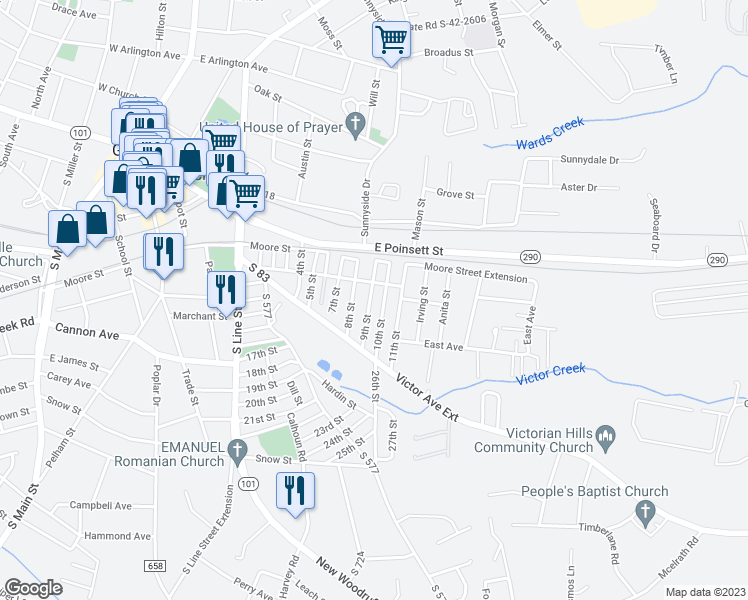 map of restaurants, bars, coffee shops, grocery stores, and more near 10 9th Street in Greer