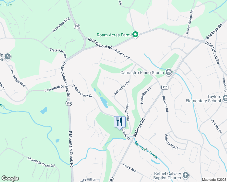 map of restaurants, bars, coffee shops, grocery stores, and more near 206 Sassafras Drive in Taylors