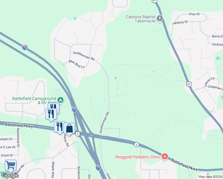 map of restaurants, bars, coffee shops, grocery stores, and more near 388 Smitherman Road in Ringgold