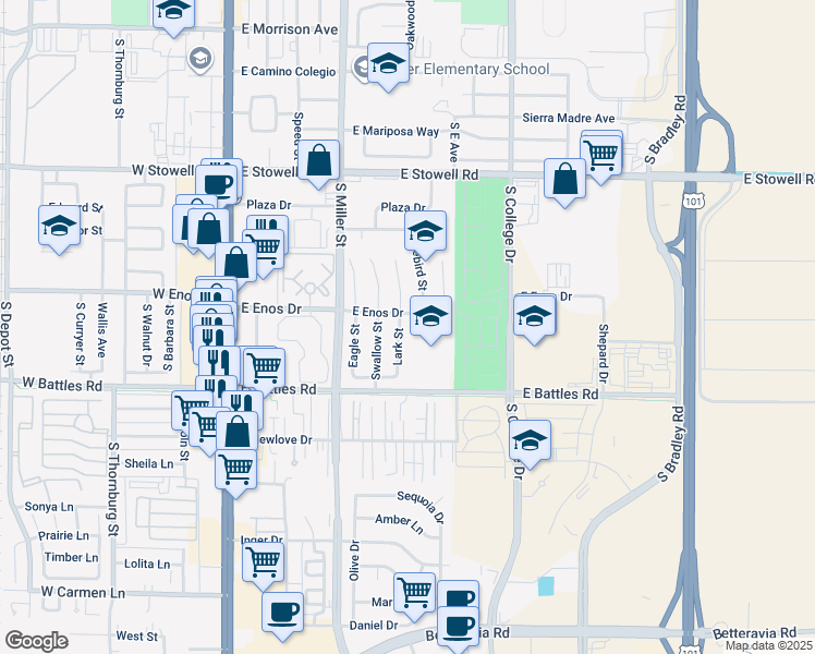 map of restaurants, bars, coffee shops, grocery stores, and more near 1510 Lark Street in Santa Maria