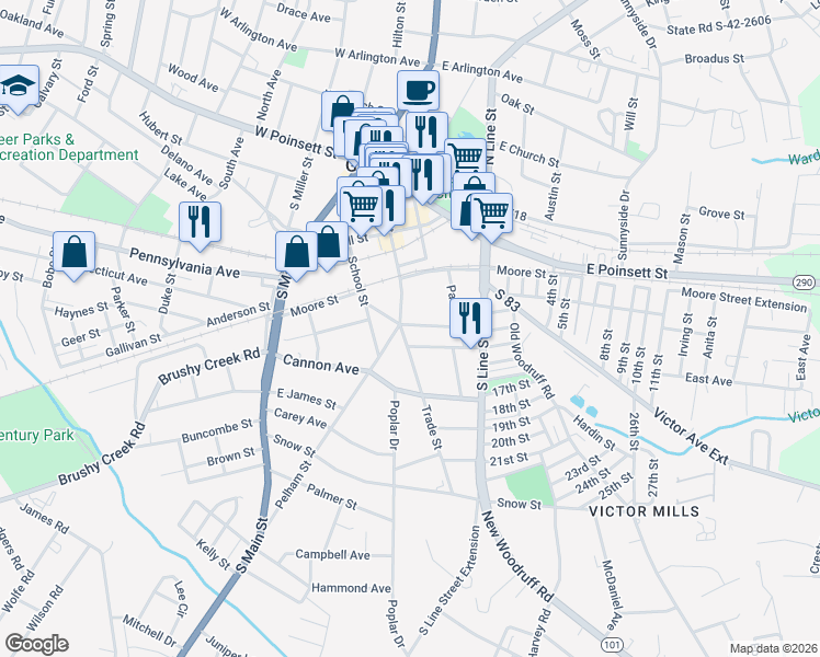 map of restaurants, bars, coffee shops, grocery stores, and more near 501 Trade St in Greer