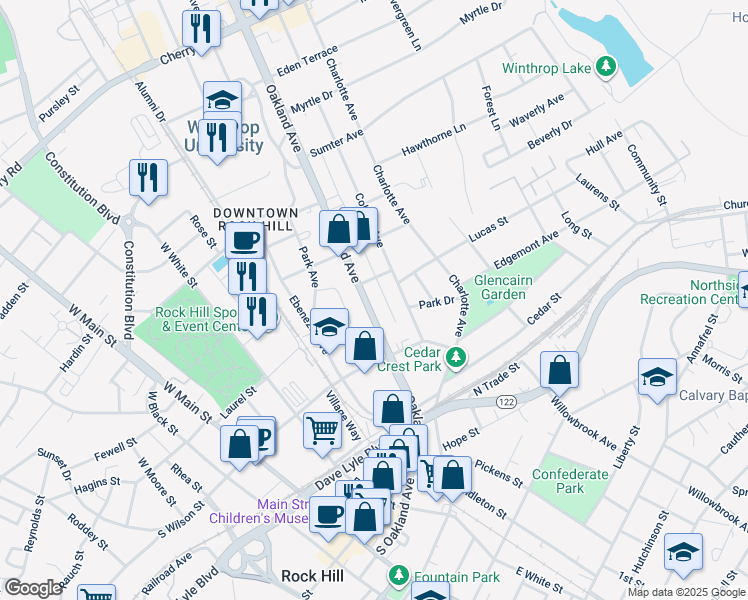 map of restaurants, bars, coffee shops, grocery stores, and more near 312 Oakland Avenue in Rock Hill