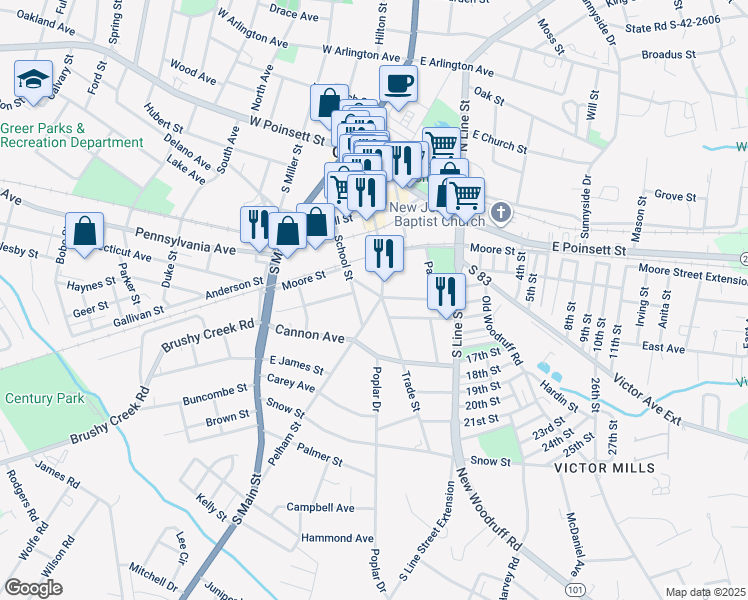 map of restaurants, bars, coffee shops, grocery stores, and more near 501 Trade Street in Greer
