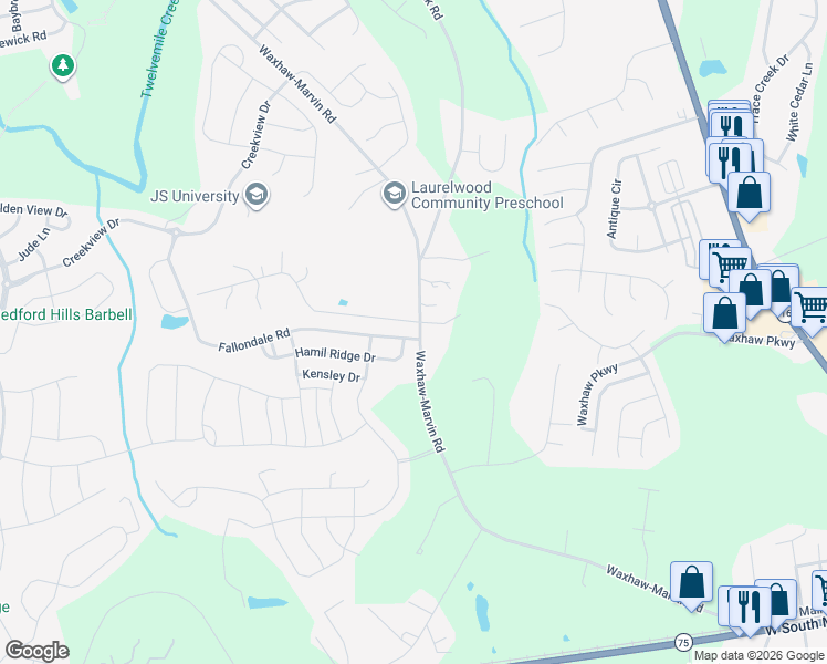 map of restaurants, bars, coffee shops, grocery stores, and more near 1000 Fallondale Road in Waxhaw