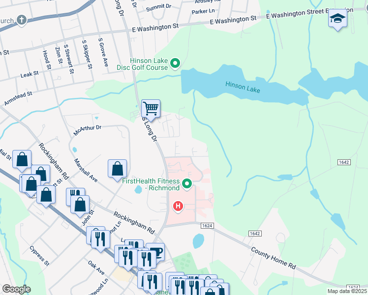 map of restaurants, bars, coffee shops, grocery stores, and more near 125 Mallard Lane in Rockingham