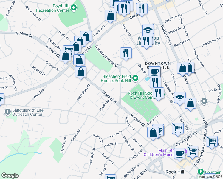 map of restaurants, bars, coffee shops, grocery stores, and more near 724 West Main Street in Rock Hill