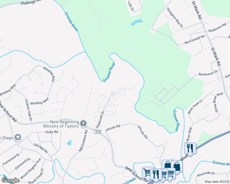 map of restaurants, bars, coffee shops, grocery stores, and more near 1105 Pinecroft Drive in Taylors