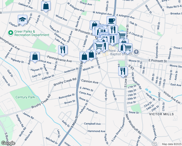 map of restaurants, bars, coffee shops, grocery stores, and more near 205 Westfield Avenue in Greer