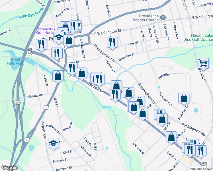 map of restaurants, bars, coffee shops, grocery stores, and more near 491 E Broad Ave in Rockingham