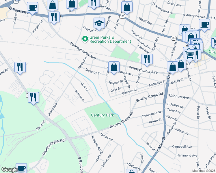 map of restaurants, bars, coffee shops, grocery stores, and more near 1 Thompson Street in Greer