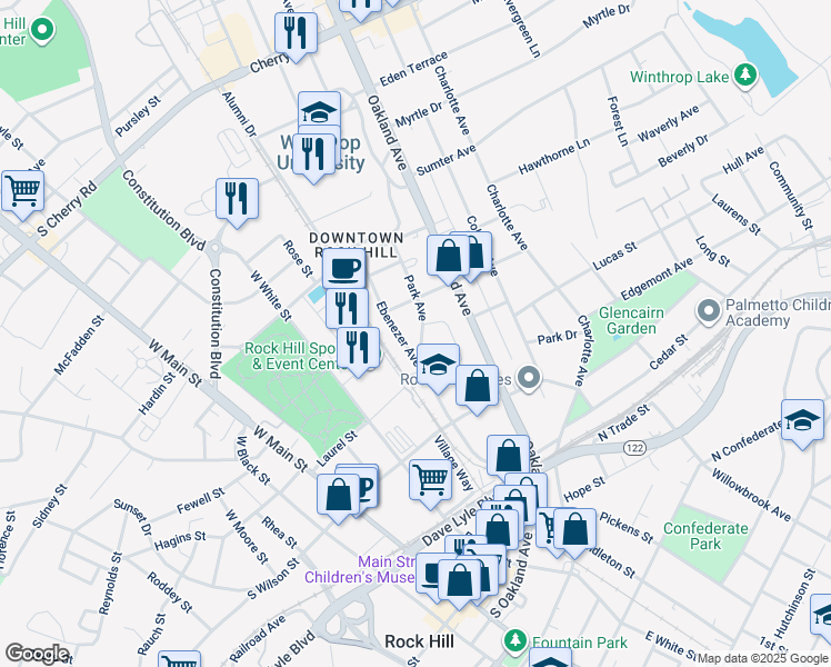 map of restaurants, bars, coffee shops, grocery stores, and more near 325 Park Avenue in Rock Hill