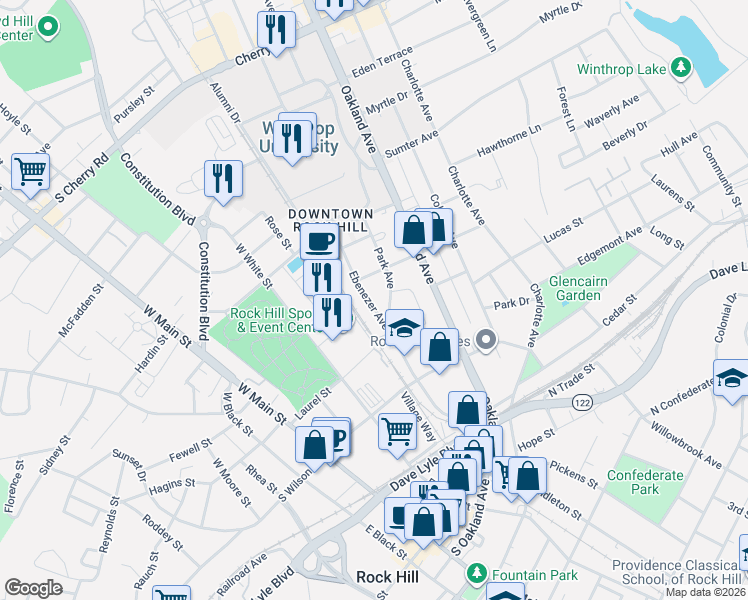 map of restaurants, bars, coffee shops, grocery stores, and more near 325 Park Avenue in Rock Hill