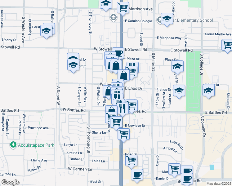 map of restaurants, bars, coffee shops, grocery stores, and more near 1511 South Broadway in Santa Maria