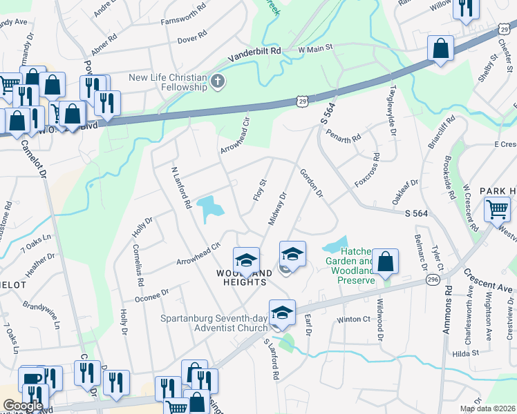 map of restaurants, bars, coffee shops, grocery stores, and more near 137 Floy Street in Spartanburg