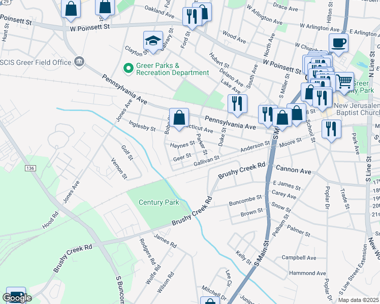 map of restaurants, bars, coffee shops, grocery stores, and more near 12 Geer Street in Greer