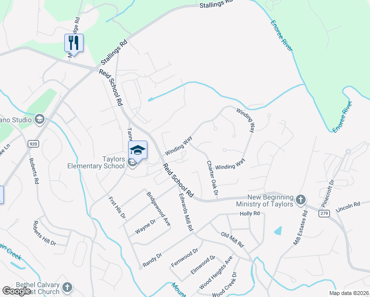 map of restaurants, bars, coffee shops, grocery stores, and more near 1213 Charter Oak Drive in Taylors